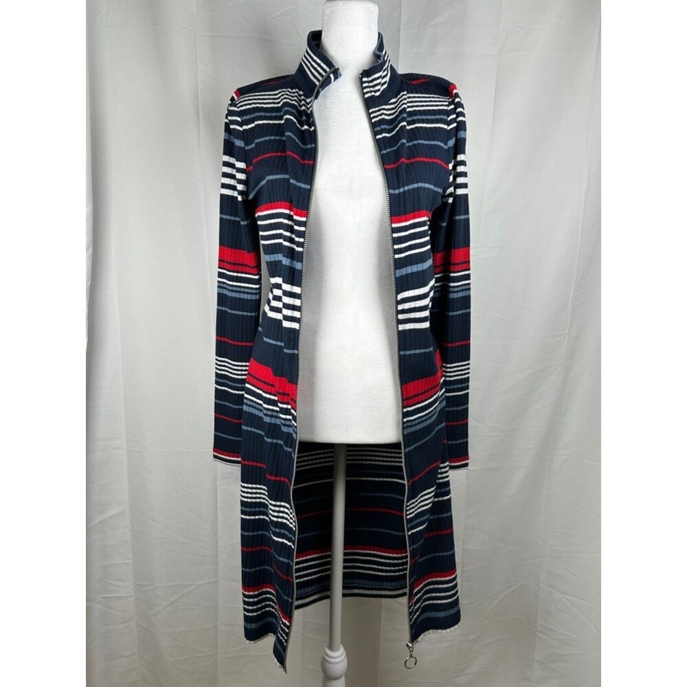 Venus Knit Striped Dress XS Blue Red White Full Zip Long Cardigan High Neck - Picture 4 of 10
